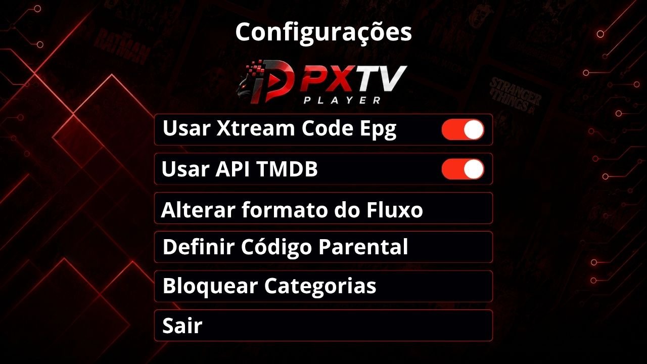 Tela completa das configurações do PXTV Player