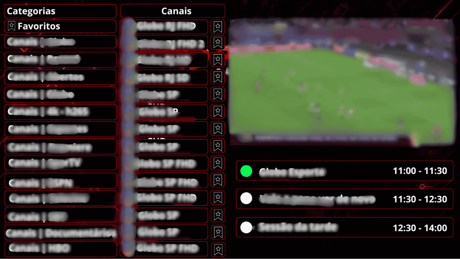Tela completa do PXTV Player com categorias, canais, favoritos, reprodução e guia EPG