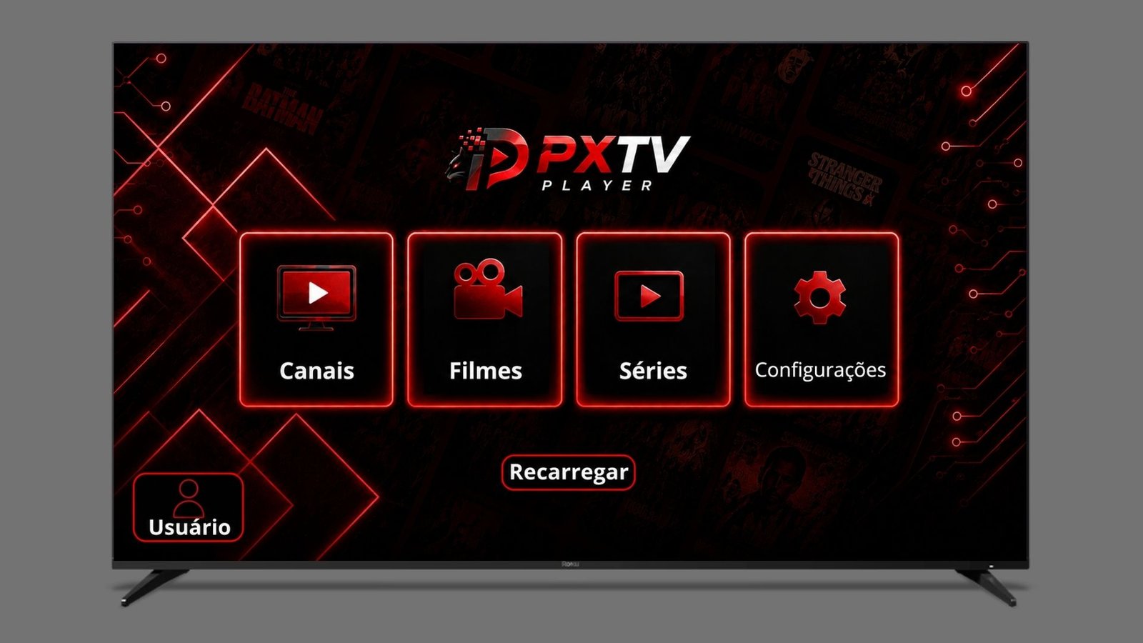 Tela inicial completa do PXTV Player em uma Roku TV, com Canais, Filmes, Séries e Configurações